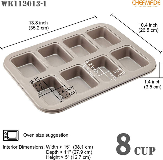 CHEFMADE Brownie Cake Pan, 8-Cavity Non-Stick Rectangle Muffin Pan Blondie Bakeware for Oven Baking (Champagne Gold)
