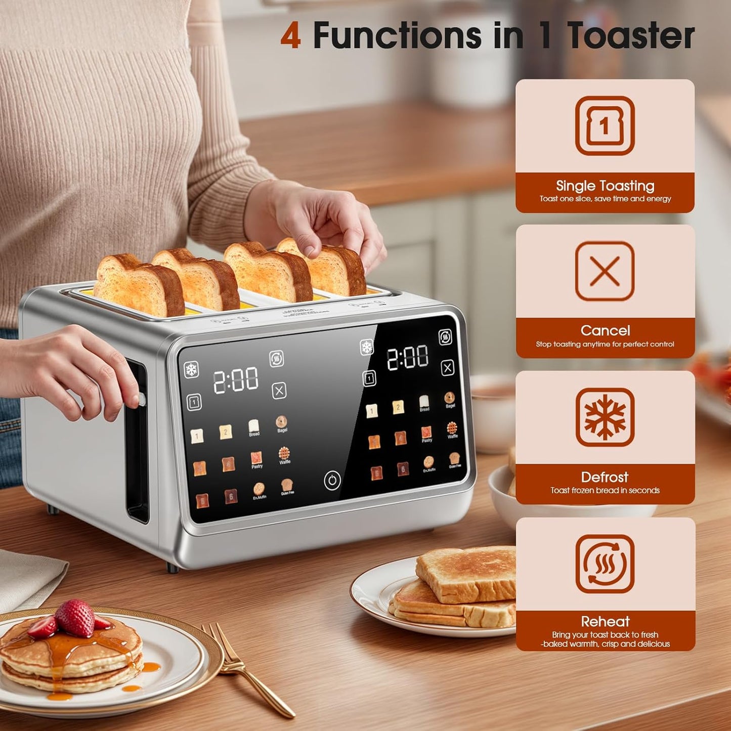 4 Slice Toaster– Dual Digital Smart TouchScreen & Independent Control Panel | Single-Slot Tech, Timer/Reheat/Defrost for Bagels, Bread | 1800W Stainless Steel, 6 Toast Types & Shade Settings