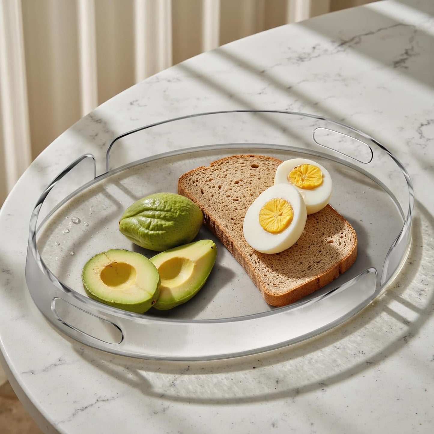 Acrylic Serving Tray with Handles Large Decorative Ottoman Tray 17x13'' Round for Bathroom Food Coffee Fruit Snack Tea Dinner Living Room, Clear