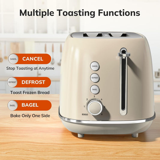 2 Slice Stainless Steel Toaster Retro with 6 Bread Shade Settings, Bagel, Cancel, Defrost Function, 2 Slice Toaster with Extra Wide Slot, Removable Crumb Tray, Tauge
