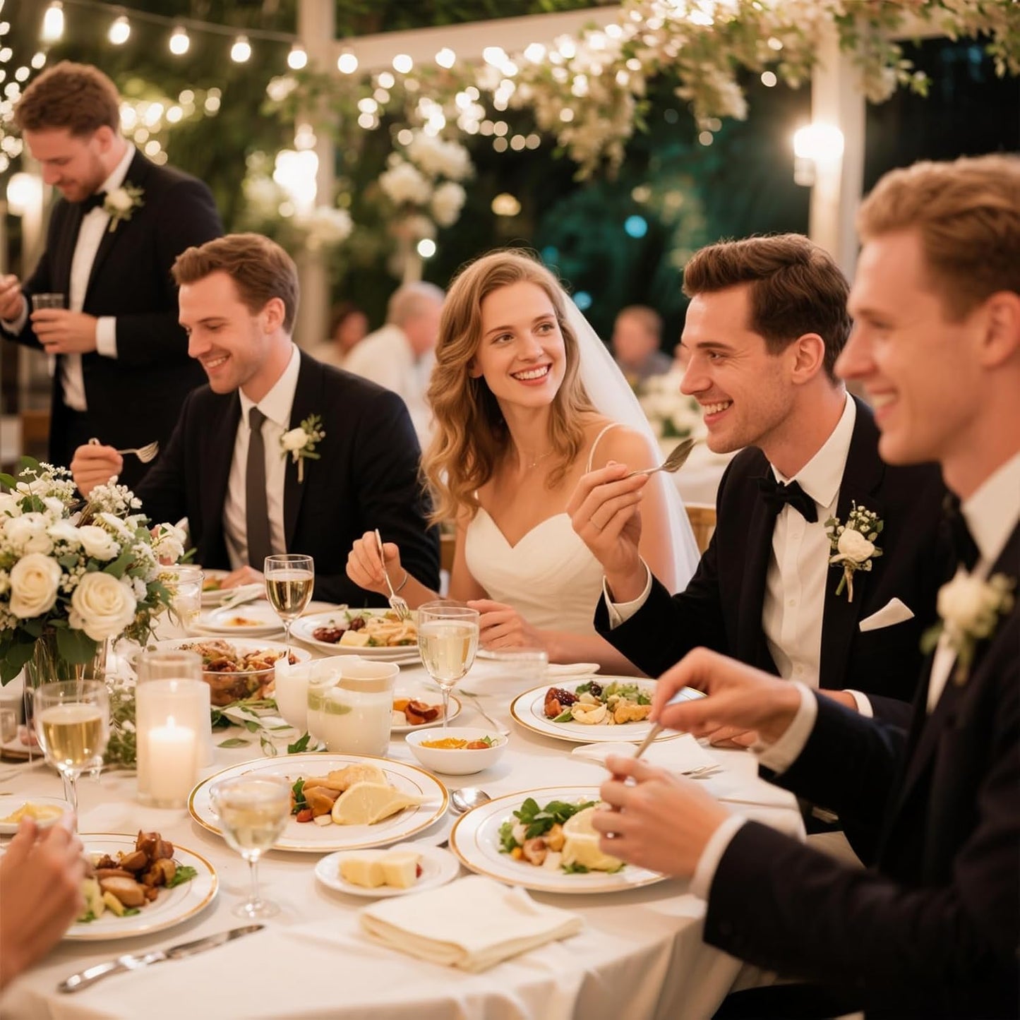 GATHER 700PCS Gold Plastic Plates - Whtie and Gold Disposable Dinnerware Sets 100Guest - 200 Disposable Plate, 300 Plastic Silverware, 100 Cups, 100 Napkins for Wedding & Party & Thanksgiving