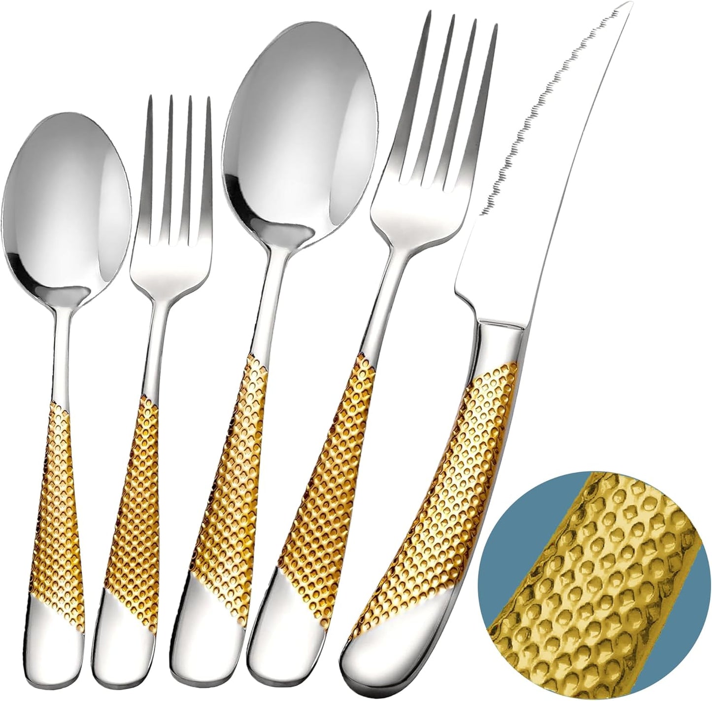 Runfly 20 Piece Hammered Gold Silver Silverware Set, 18/10 Stainless Steel Flatware Set, Modern Kitchen Utensil Set Service for 4, Tableware Set, Cutlery Set Including Fork Spoon and Knife
