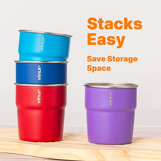 VINUR 8 oz Stainless Steel Cups 4 Pack Tumbler Stackable Metal Drinking Glasses for Travel, Camping, Outdoors (Canyon Red-Sky Blue-Purple-Navy)