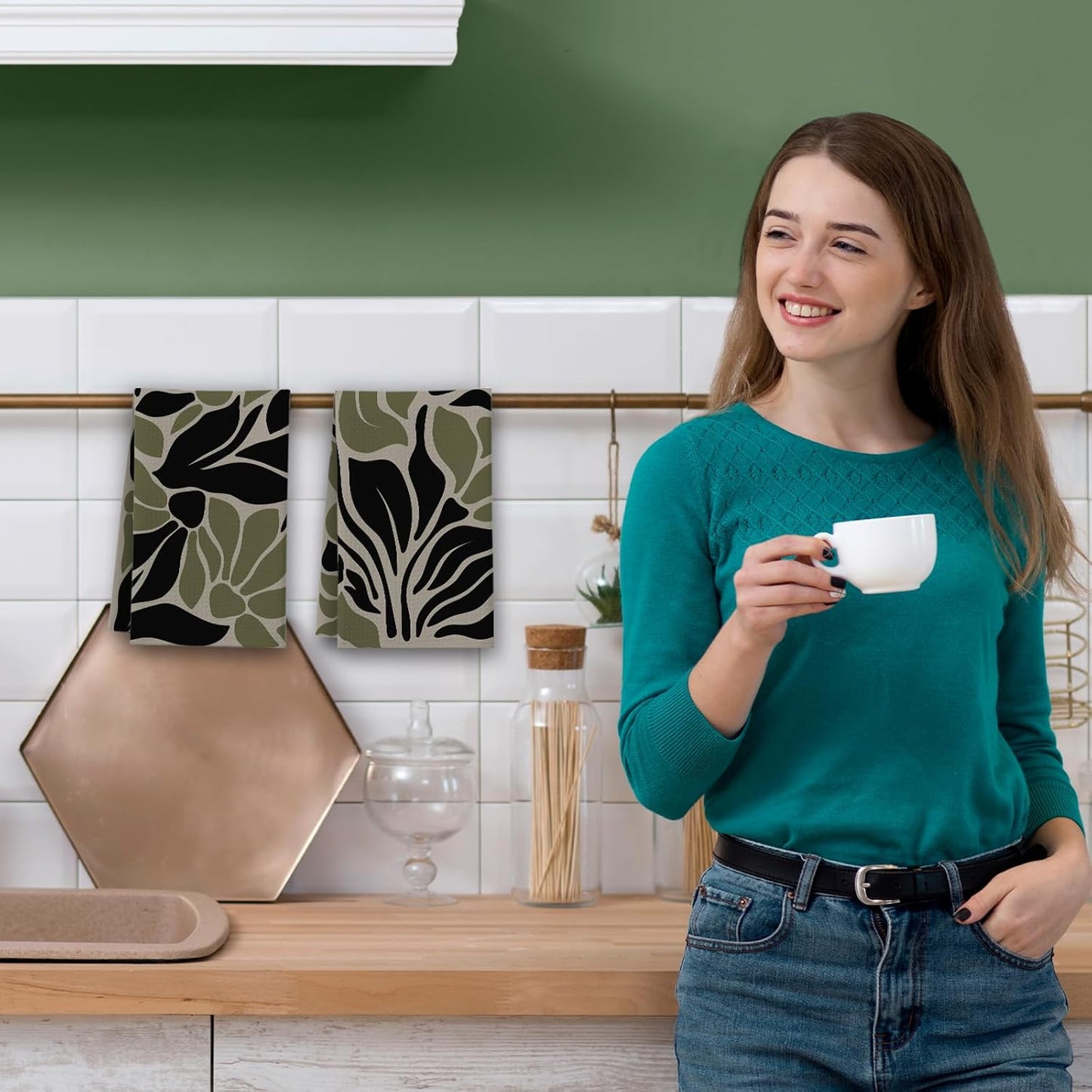 Sage Green Kitchen Towels, Abstract Boho Floral House Hand Towel Set of 2, Retro Gifts for Home Bathroom Holiday Decor - A02