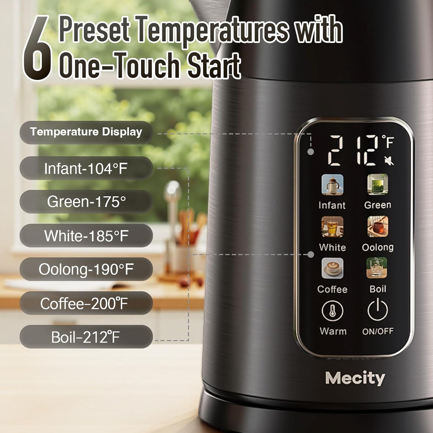 Mecity Electric Kettle 1.7L Touch Screen Temperature Control Water Boiler, No Plastic Contact with Water. 6 Preset Temperature Programs, 2 Hours Keep Warm, Dark Grey