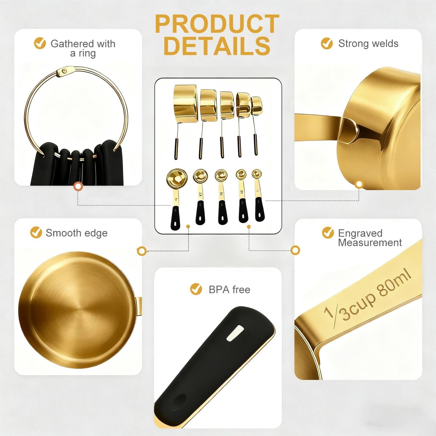 Measuring Cups and Spoons Set, Stainless Steel 10 Piece for Cooking and Baking (5 Cups + 5 Spoons, Golden)