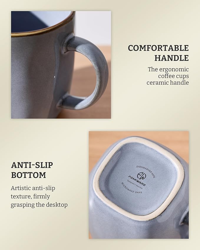 famiware Coffee Mugs Set of 4, Ocean Square 13oz Coffee Cup Set with Handle for Cocoa, Milk, Hot Chocolate, Tea, Water, Stoneware Cups for Kitchen, Microwave and Dishwasher Safe, Blue