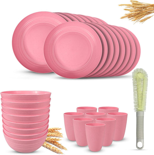 Kitchen Wheat Straw Dinnerware Sets (33pcs) Attached cleaning brush,Service For 8,Plastic Plates and Bowls Sets,Unbreakable Dinnerware,Lightweight Plastic Plate Set (pink)