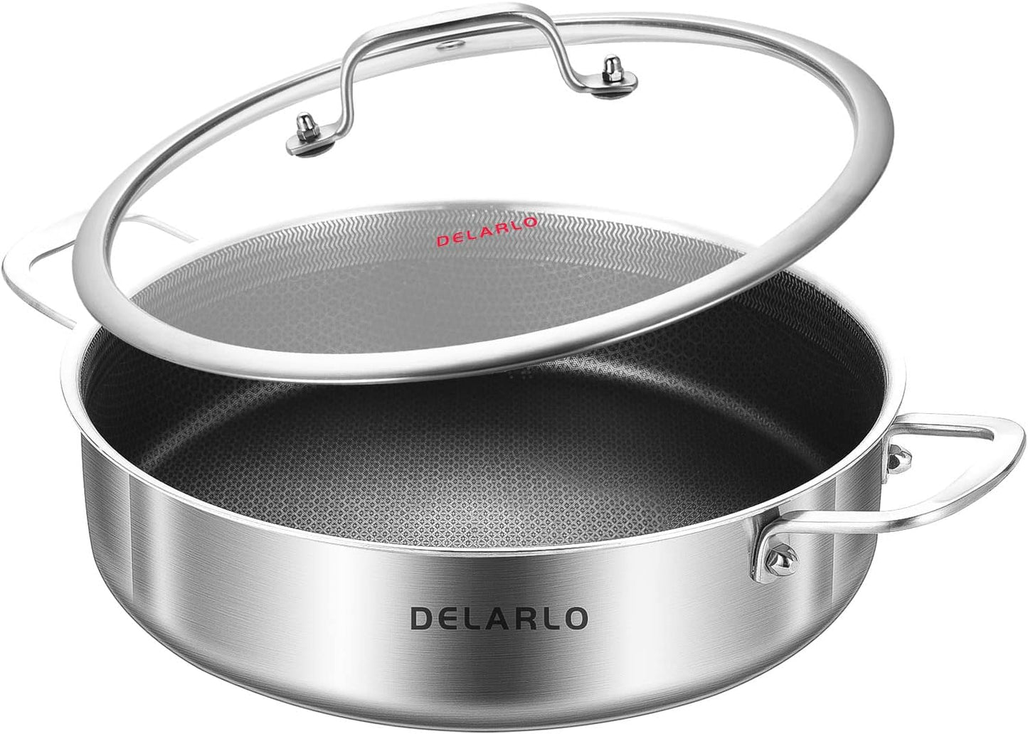 DELARLO Frying Pan,12 inch Skillet with lid,Tri-Ply Stainless Steel Saute Pan 6QT,Dishwasher-Friendly,Stay-Cool Handles,Oven-Safe Up to 660℉