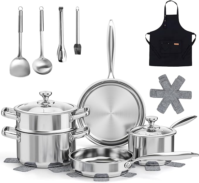 Meythway Pots and Pans Set Non Toxic, 16PCs Stainless Steel Cookware Set with Steamer, Kitchen Induction Cookware with Utensil Sets, Pot Protectors and Apron For Oven & Dishwasher Safe