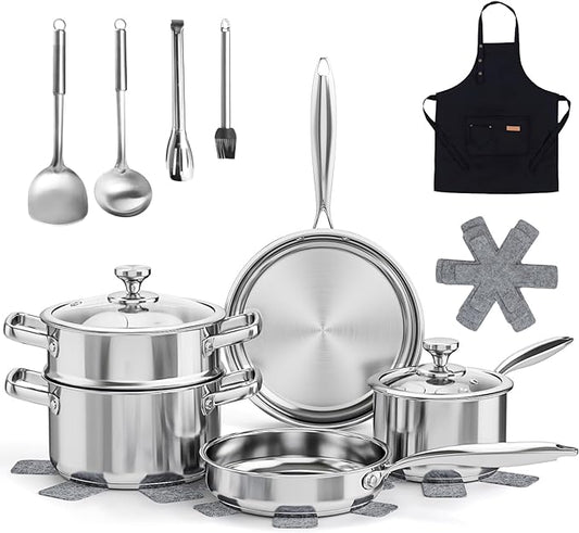 Meythway Pots and Pans Set Non Toxic, 16PCs Stainless Steel Cookware Set with Steamer, Kitchen Induction Cookware with Utensil Sets, Pot Protectors and Apron For Oven & Dishwasher Safe