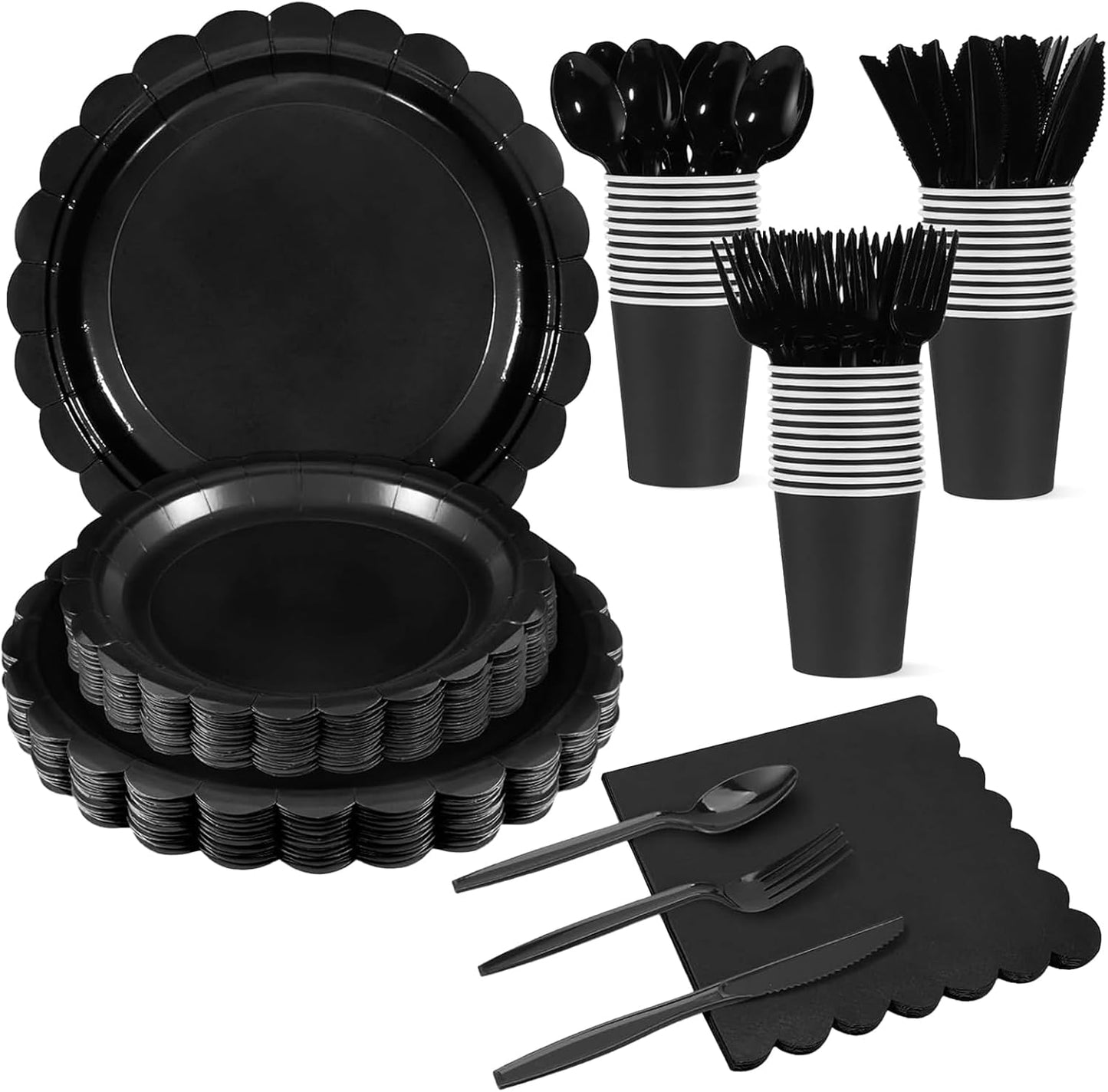 175 Pcs Black Plates and Napkins 25 Guest Halloween Plates Set Black Party Supplies Includes Scalloped Party Plate Napkins Cups Plastic Cutlery for Birthday, Halloween, New Year