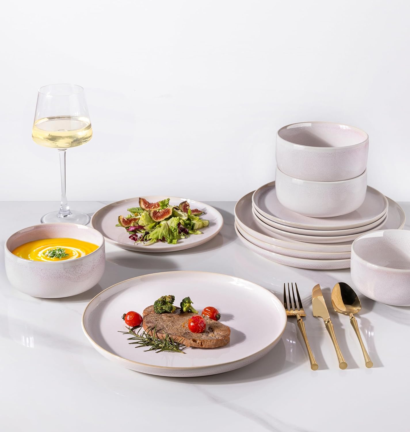 TheTerra Ceramic Dinnerware Sets for 4, 12 Pieces Handmade Reactive Glaze Plates and Bowls Set, Scratch Resistant Dish Set, Oven & Microwave & Dishwasher Safe, Primrose Pink