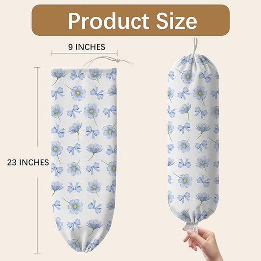 Plastic Bag Holder Dispenser, Plastic Grocery Bag Organizer & Wall Mount Paper Trash Bags Saver Storage for Kitchen Home Pantry Decor - Blue Floral Shopping Bags Storage Dispenser
