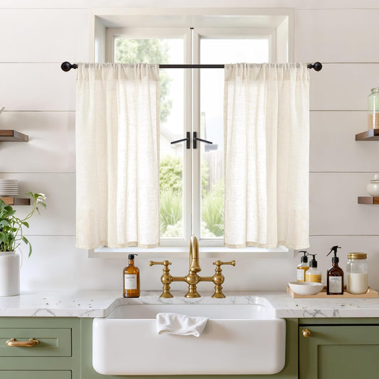 BGment Short Beige Linen Semi Sheer Curtains 36 Inch Length for Cafe Windows, Small Drapes Lightweight Country Textured for Bathroom Decor Rod Pocket, 2 Panels Set, 24 Inch Wide Each Panel