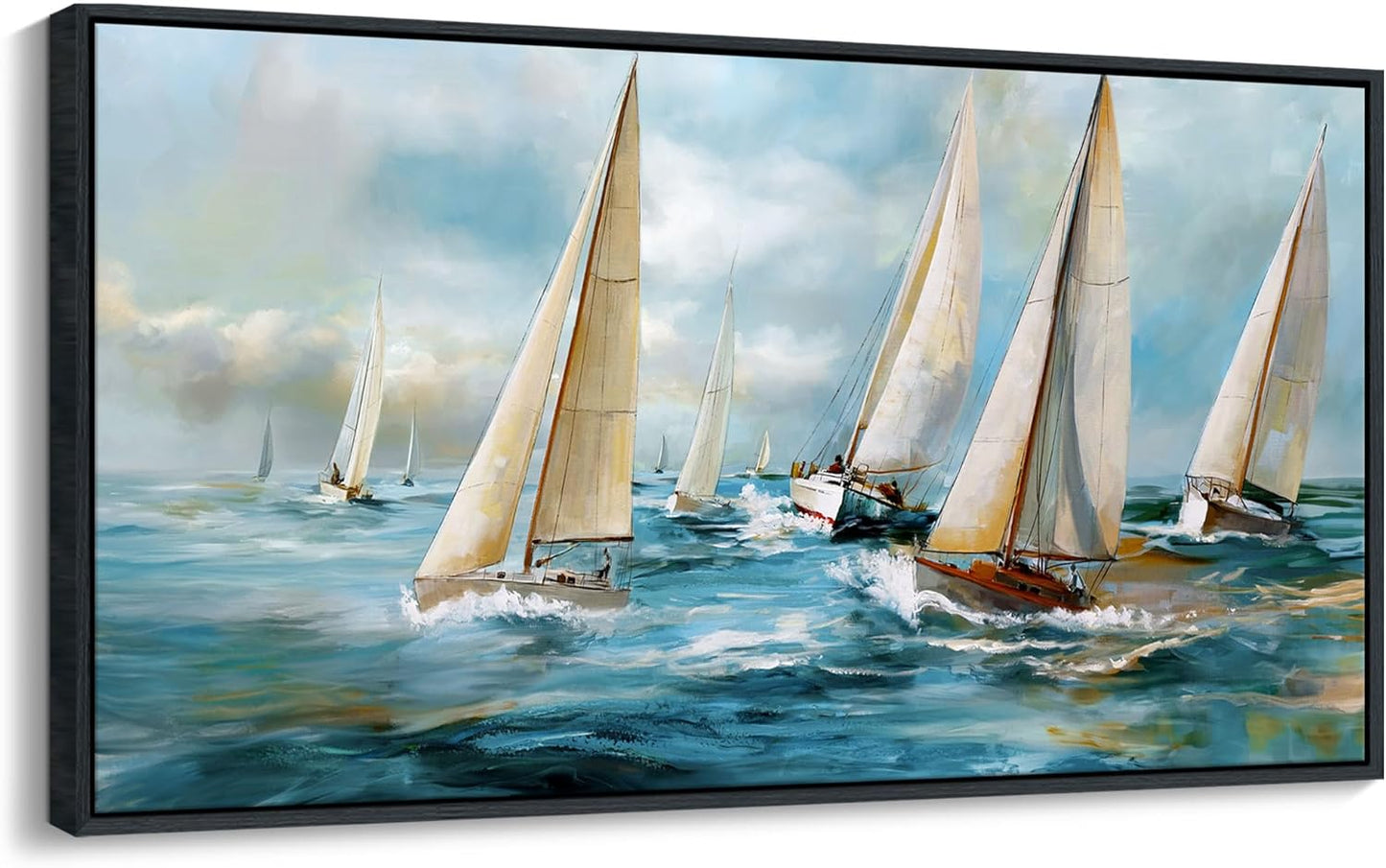 YDYSUNE Sailboat Wall Art - Blue Canvas Retro Painting Textured Picture Artwork Vintage Nautical Large Painting Coastal Modern Print Frame for Living Room Bedroom Home 20x40inch