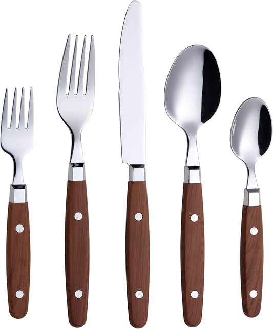 ANNOVA Silverware Set, Retro/Rivet Colorful Stainless Steel Tableware Kitchen Flatware Set Utensils, Includes Dinner Knives, Forks, Spoons, Salad Forks & Dessert Spoons (Wood, 20 Pieces)