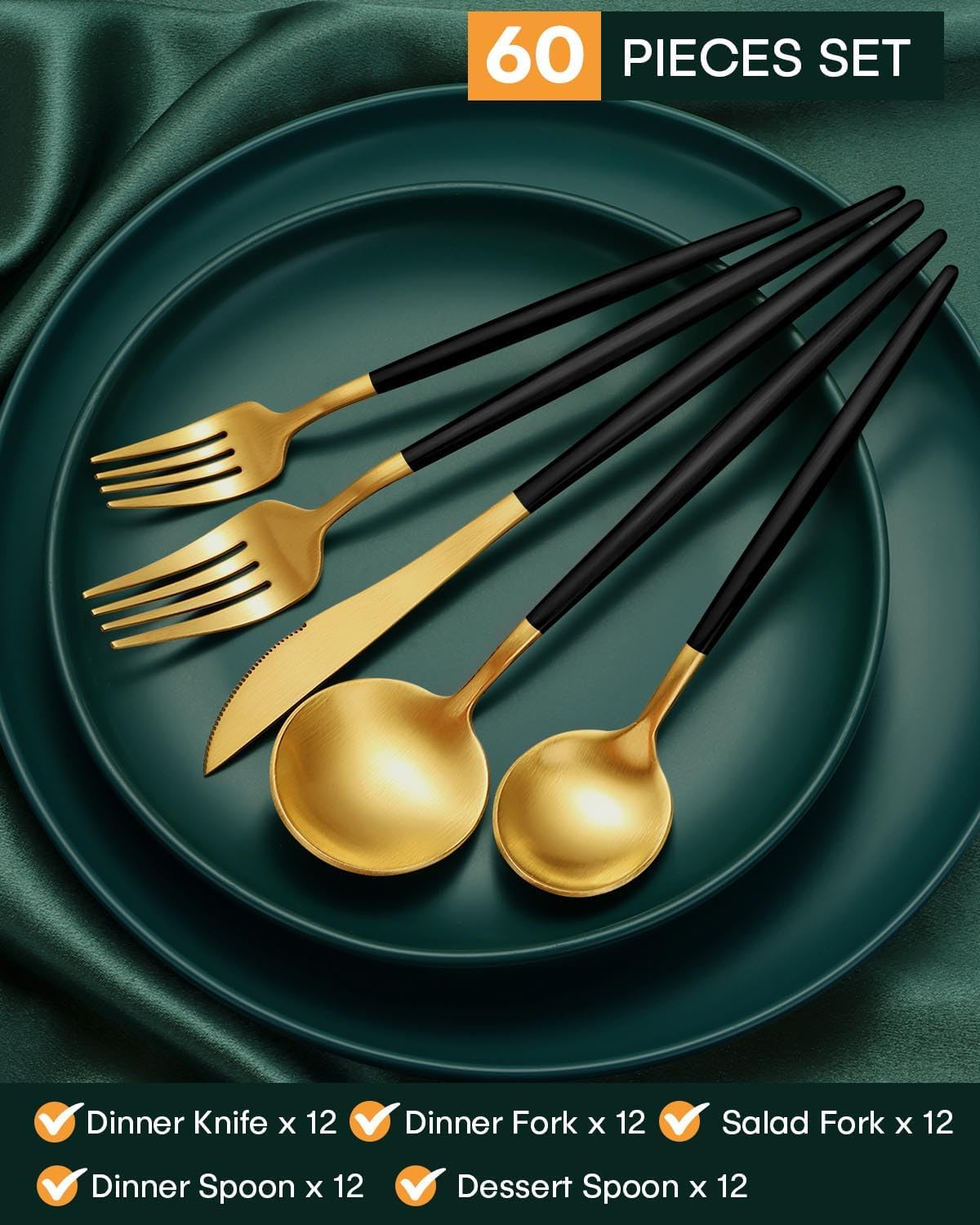 EUIRIO 60-Piece Silverware Set for 12, Stainless Steel Flatware Set Matte Black Gold, Modern Brushed Thick Cutlery Set with Spoons Forks and Knives, Utensil Set for Home Kitchen Hotel Dishwasher Safe