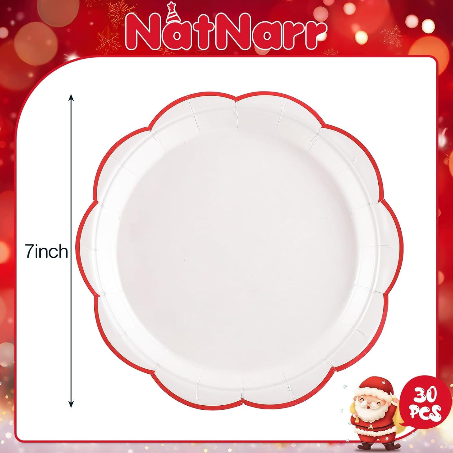 30 Pcs Christmas Paper Plates, 7 Inch White Plates with Red Trim Cute White Scalloped Paper Plate Disposable for Christmas, Baby Shower, Wedding, Bridal Shower