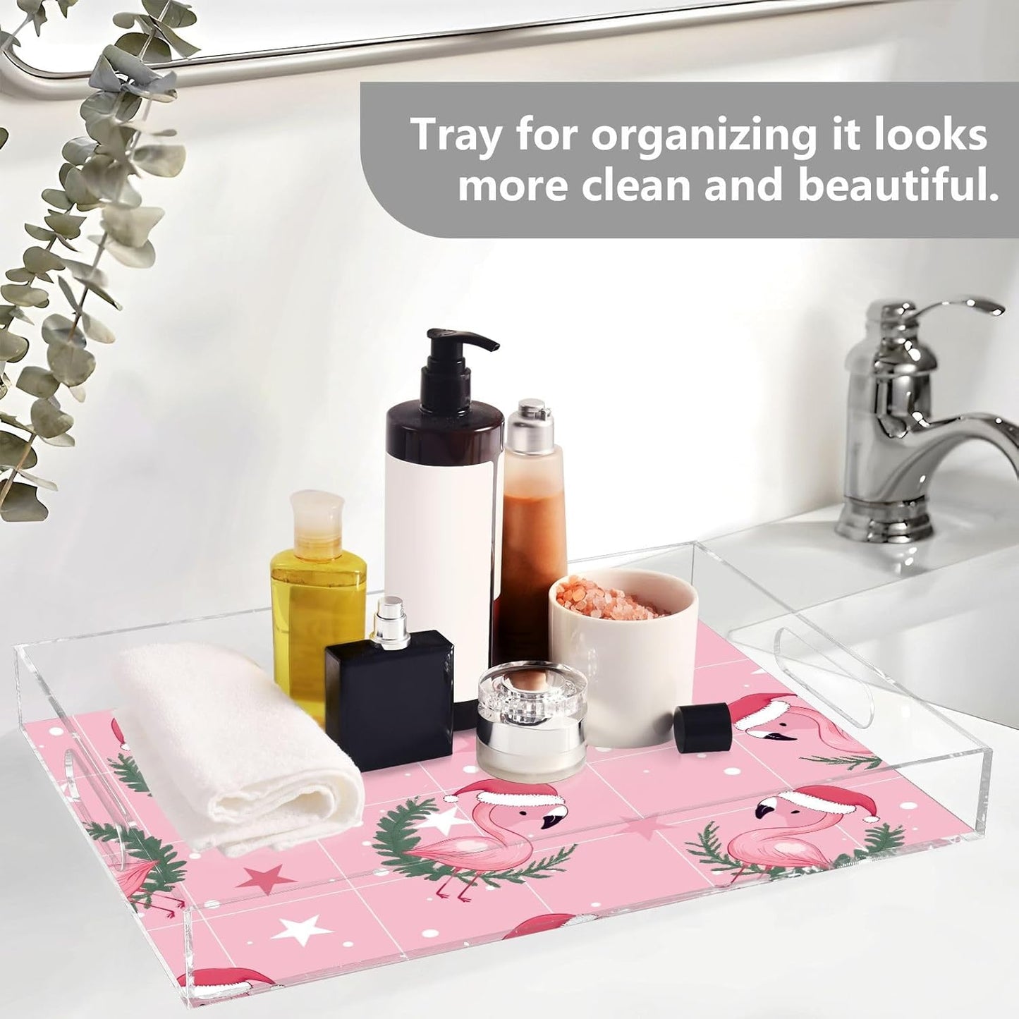 Christmas Flamingo Pink Plastic Food Serving Tray Decorative Vanity Trays for Bathroom Coffee Table Kitchen Counter 11.8 * 15.7in