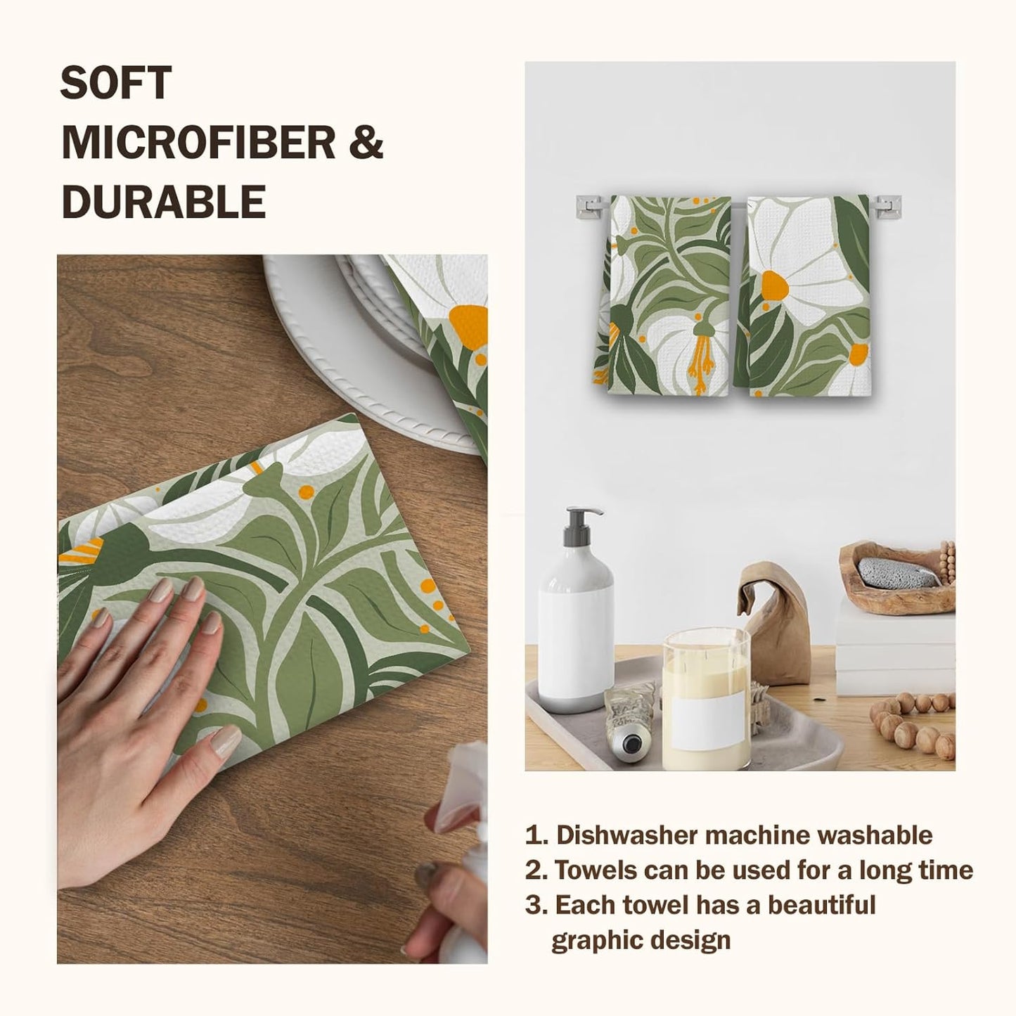 Abstract Boho Floral Kitchen Towels, Sage Green House Hand Towel Set of 2, Vintage Gifts for Home Bathroom Holiday Decor - A01