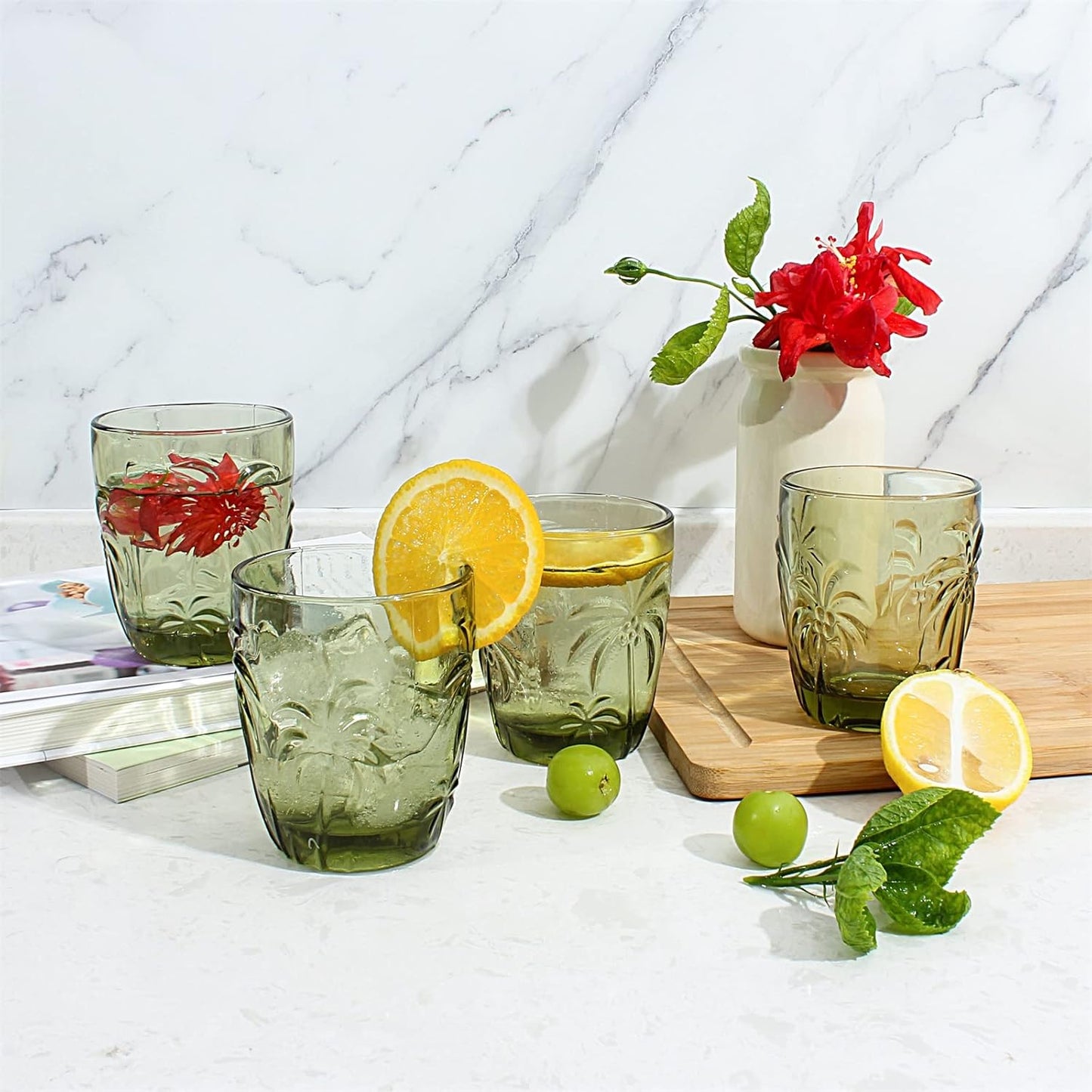 M&N HOME Green Christmas Tumblers, Colored Whiskey Glasses, Set of 4 Colorful Drinking Glasses, 9 Oz Coconut Cups, Glass Cups for Water and Juice, Holiday Glasses Drinkware - GREEN SET