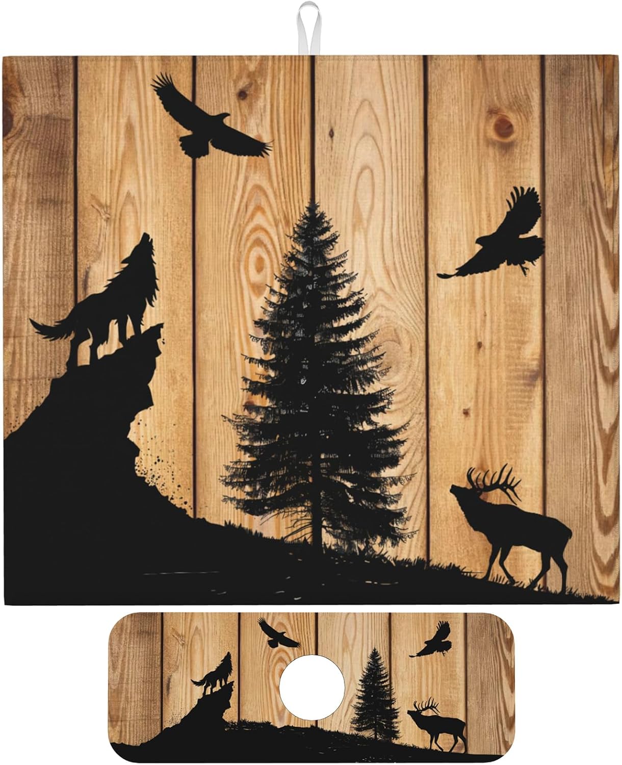 Retro Rustic Wolf Deer Forest Brown Wood Dish Drying Mat for Kitchen Counter, 16"x18" Microfiber Absorbent Fast Dry Mat, 2Pcs Dish Mat Faucet Mats Sets, Large Drying Kitchen Mat Kitchen Drying Pad