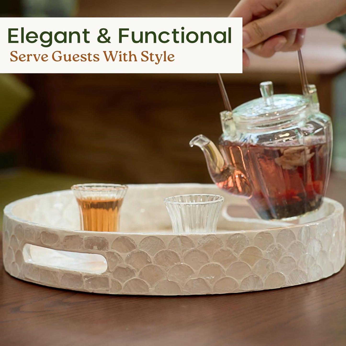 12.6 Inch Capiz Round Decorative Tray with Handles for Coffee Table, Vanity, or Ottoman, Elegant Capiz Mother of Pearl Serving Tray for Home Decor, Modern Coastal Boho Style, White