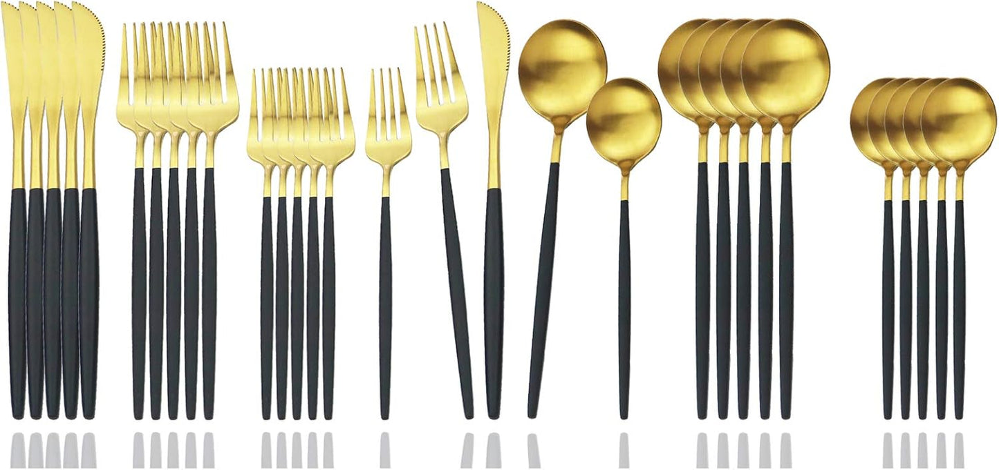 JASHII Flatware Silverware Set Stainless Steel Satin Finish Cutlery Set Service for 6, 30-Piece Spoons And Forks Kitchen Utensil Set, Dishwasher Safe (Matte Black handle gold)