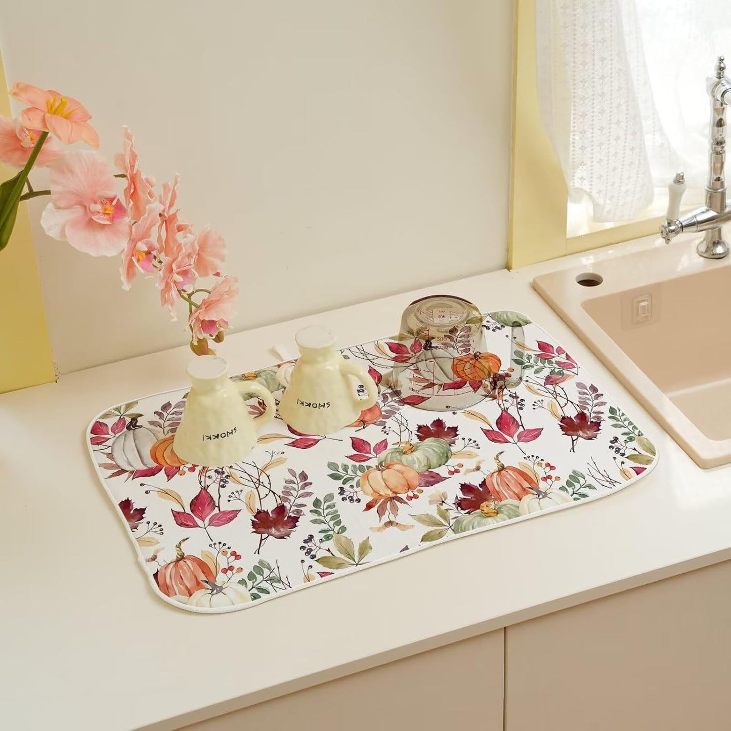 Fall Autumn Dish Drying Mat 18 x 24 inch Thanksgiving Pumpkin Maple Leaf Flower Decorative Drying Mats Microfiber Absorbent Dish Washable Draining Mat for Kitchen Counter Decor