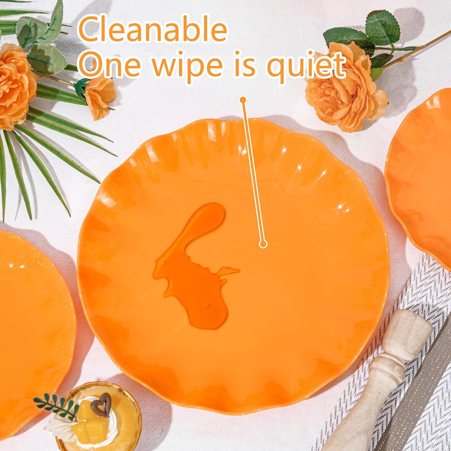 LIYH 20 Pcs 7.5 Inch Orange Plastic Plates Reusable - Unbreakable Dessert Scalloped Plates-Dishwasher Safe for Halloween & Thanksgiving Party BPA Free