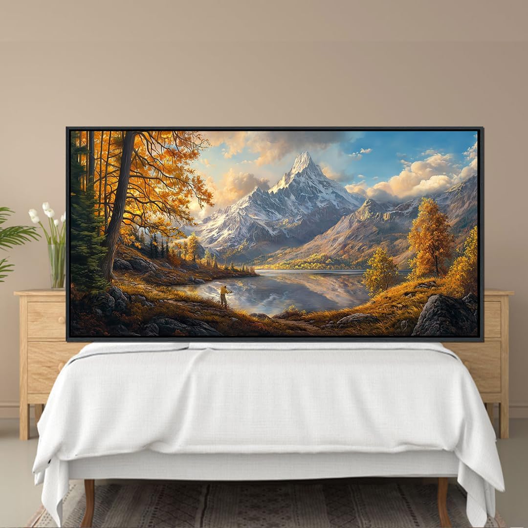 YCPRIMER Fall Canvas Wall Art - Large Mountain Lake Paintings Wall Decor, Panoramic Artwork for Walls, Pictures for Living Room Bedroom Dining Room, Ready to Hang, 24Lx48W