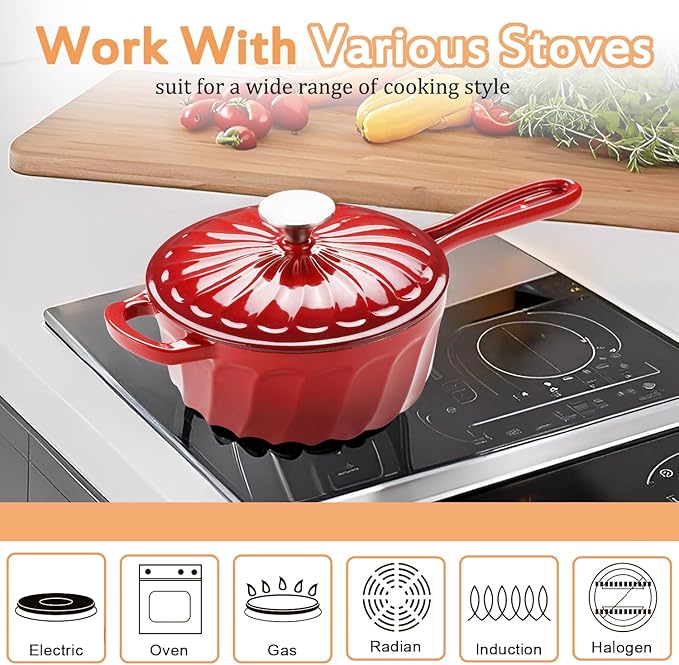 Enameled Cast Iron Sauce Pan, 2 Quart Enameled Saucepan with Lid, Mini Dutch Oven Enamel Saucepan for Cooking Pasta Sauce, Gravy, Puddings, Marinate, Boiling (Gradient Red)