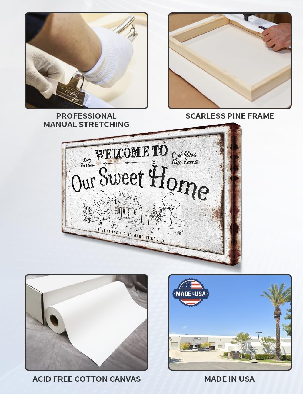 IPIC - Our Sweet Home Vintage Family Sign, Rustic Farmhouse Canvas Wall Art for Home or RV, Wall Decor for Bedroom, Hallway or Living Room, Ready to Hang