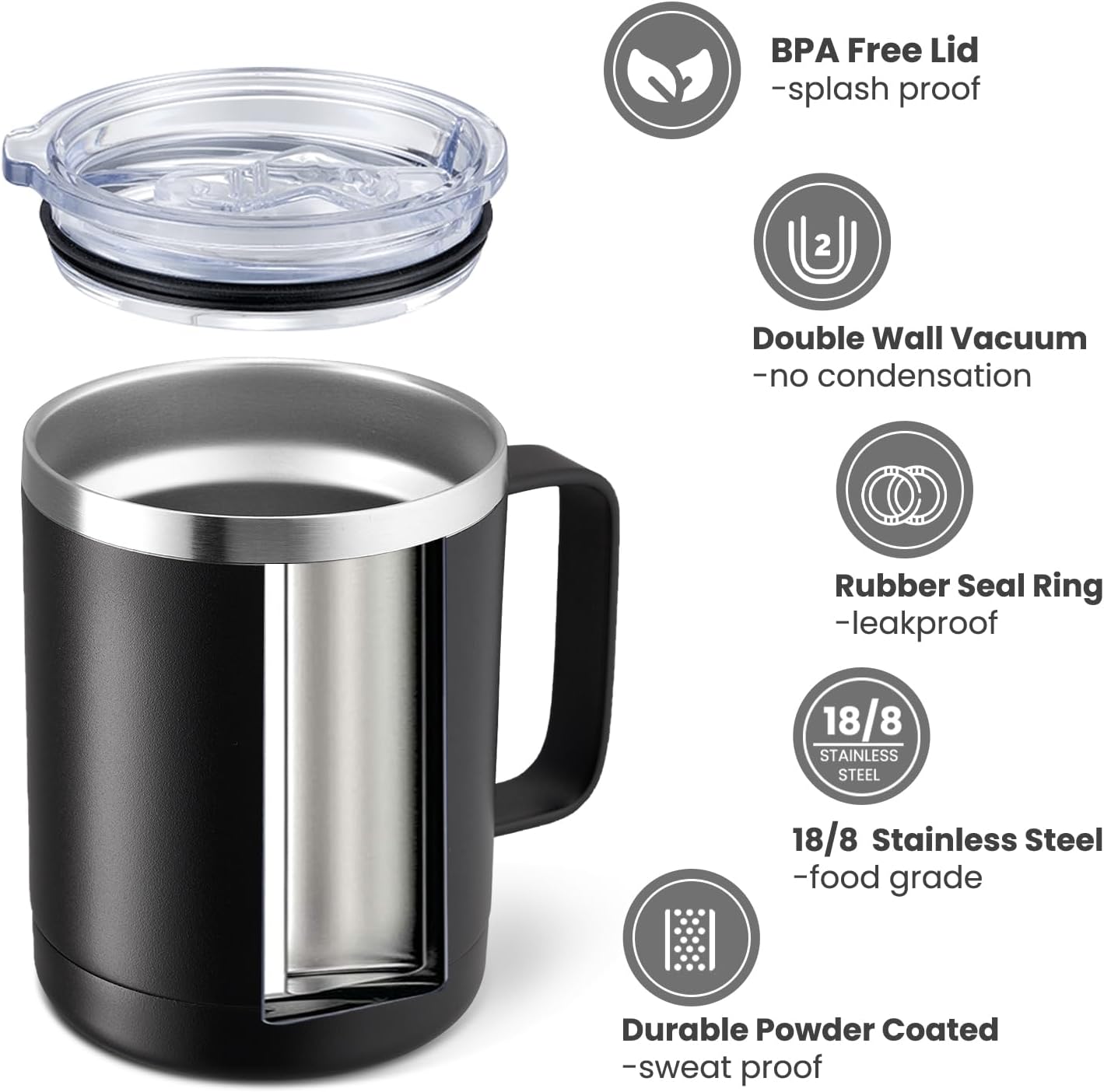 MEWAY 12oz Coffee Mug With Handle and Sliding Lid,Stainless Steel Travel Tumbler Cup with Handle,Double Wall Vacuum Insulated Camping Cup for Hot & Cold Drinks Tea (Black,Set of 1