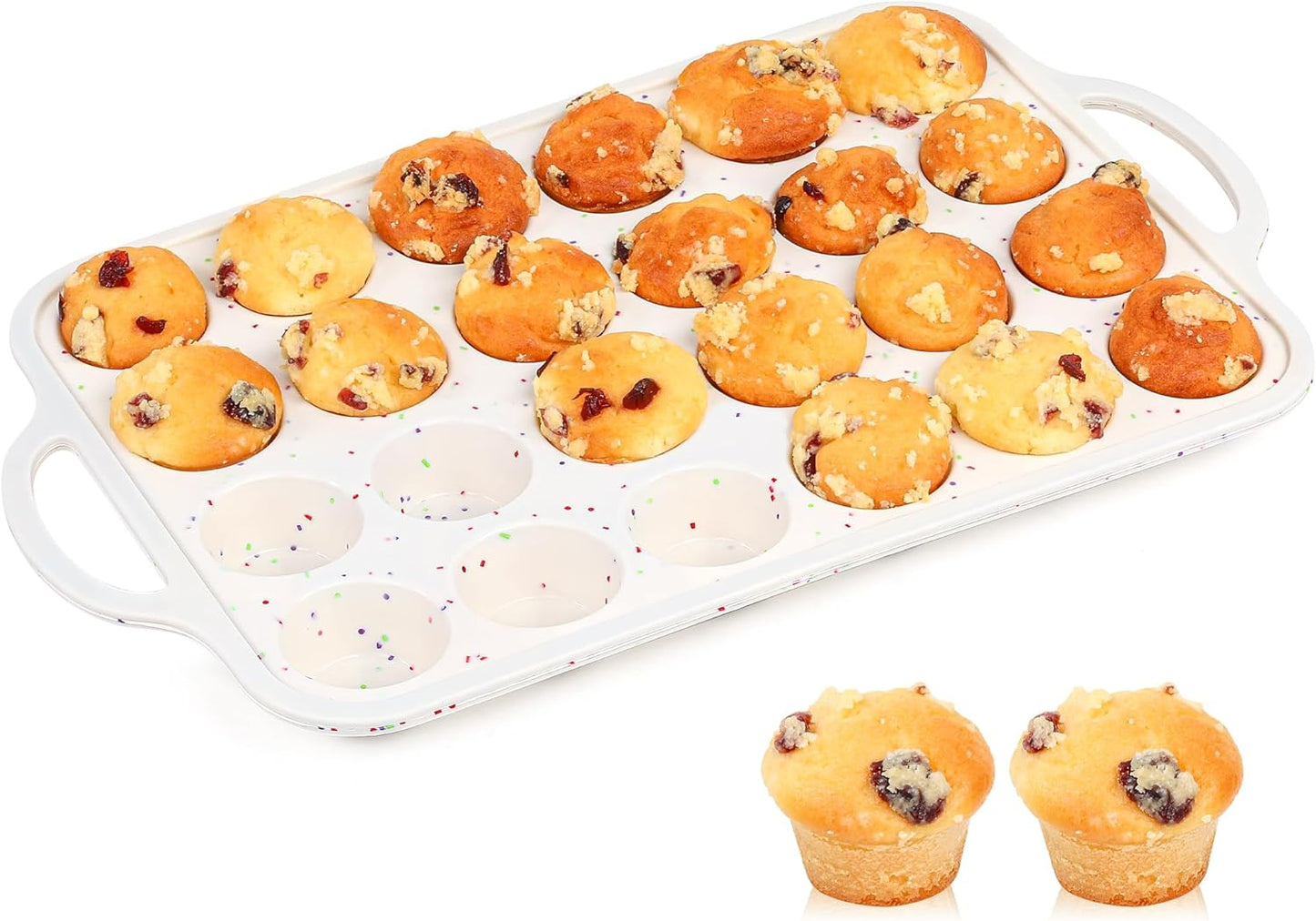 1 Pc Mini Muffin Pans with Metal Reinforced Frame, 24 Cups Nonstick Silicone Cupcake Tray for Baking, Food Grade Small Muffin Molds with Handles (Cream)