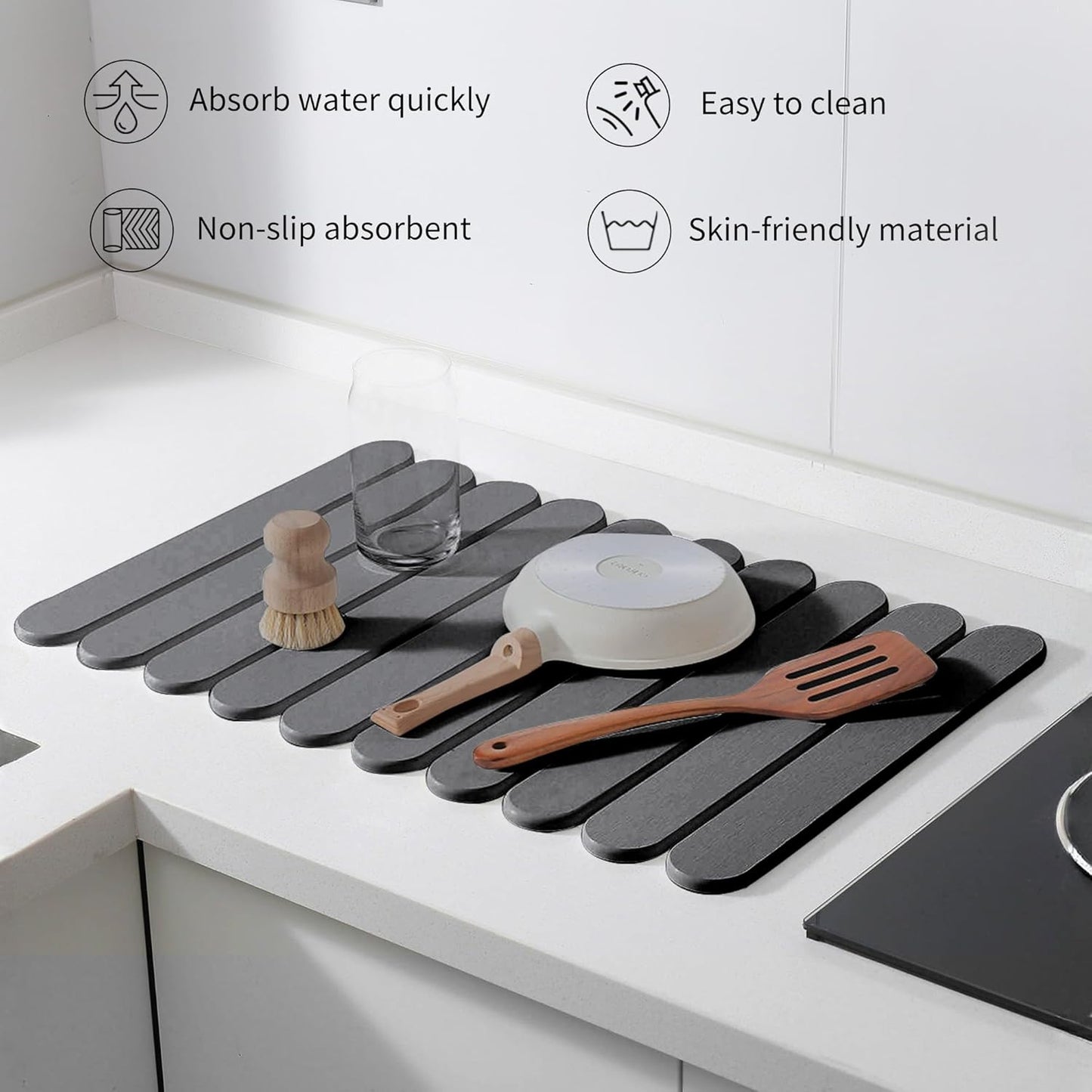 24"×16" Grey Stone Dish Drying Mats for Kitchen Counter, Large Quick Dry Collapsible Eco-Friendly Super Absorbent Diatomaceous Earth Heat-resistant Mat for Dishes Bottles Cups, Match Any Countertop