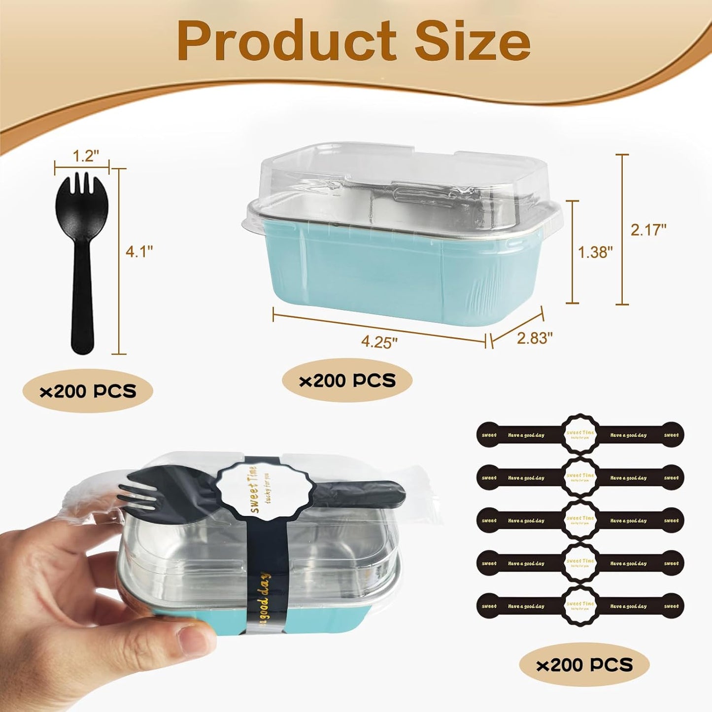 Mini Cake Pans With Lids And Spoons,5.5 oz Rectangle Mini individual Loaf Pans Disposable Aluminum Foil Small Baking Cups Tins (200, Wathet)