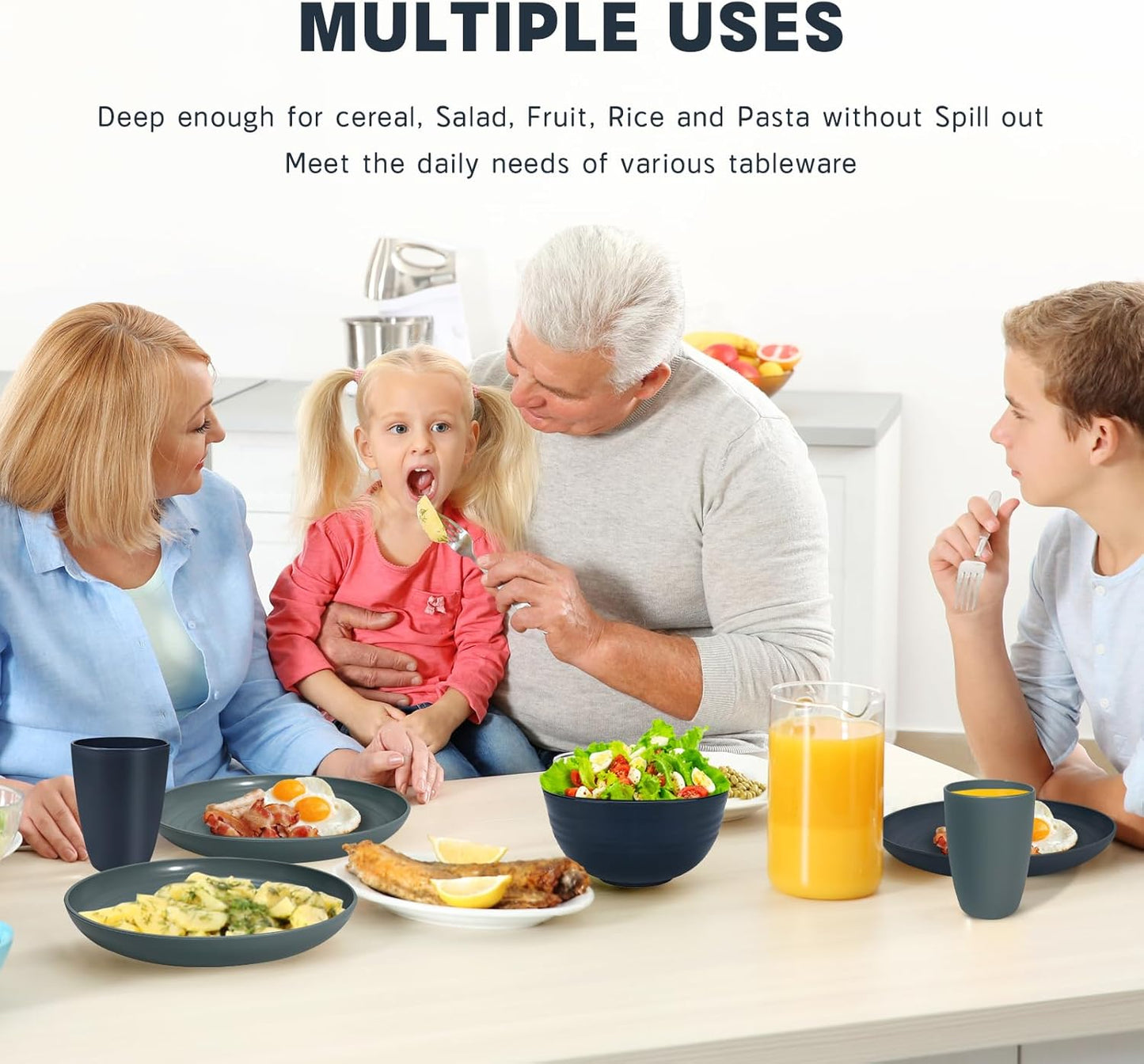 Kitchen Wheat Straw Dinnerware Sets (33pcs) Attached cleaning brush,Service For 8,Plastic Plates and Bowls Sets,Unbreakable Dinnerware,Lightweight Plastic Plate Set (Navy blue grey)