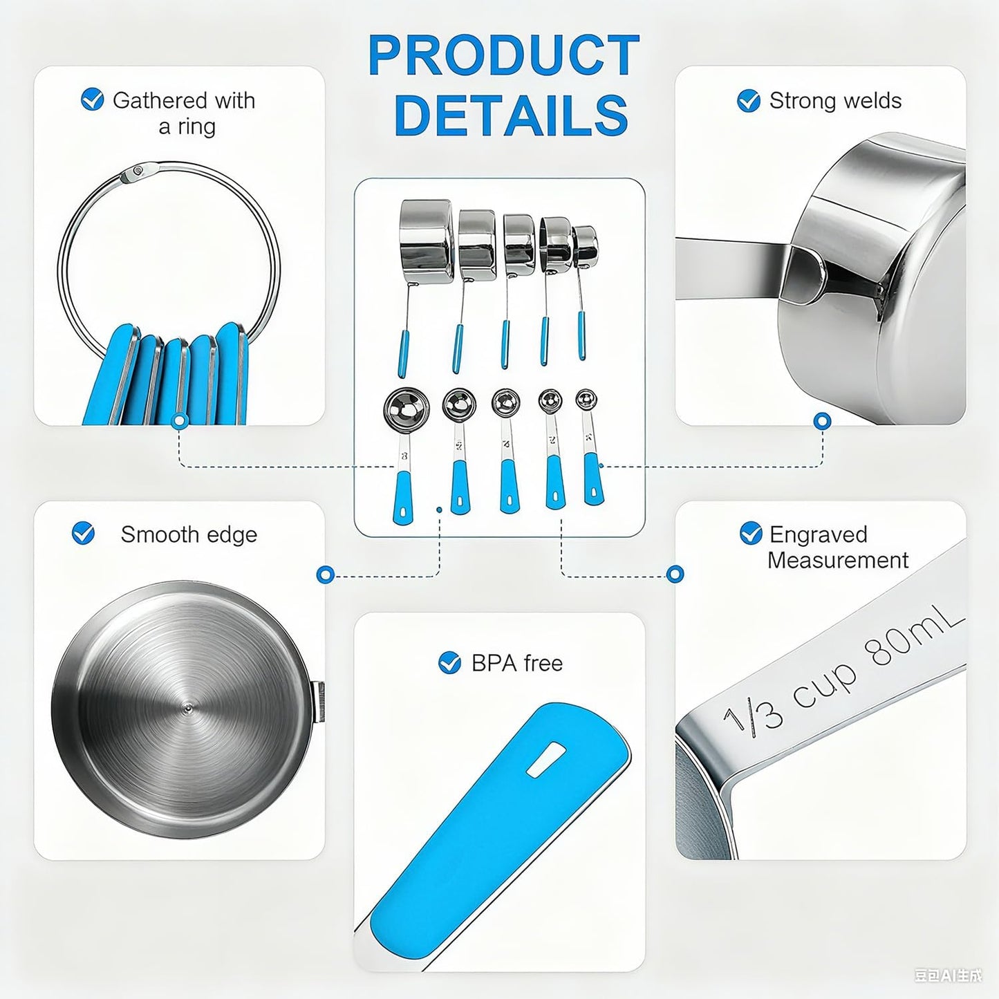 Measuring Cups and Spoons Set, Stainless Steel 10 Piece for Cooking and Baking (5 Cups + 5 Spoons, Light Blue Handle)