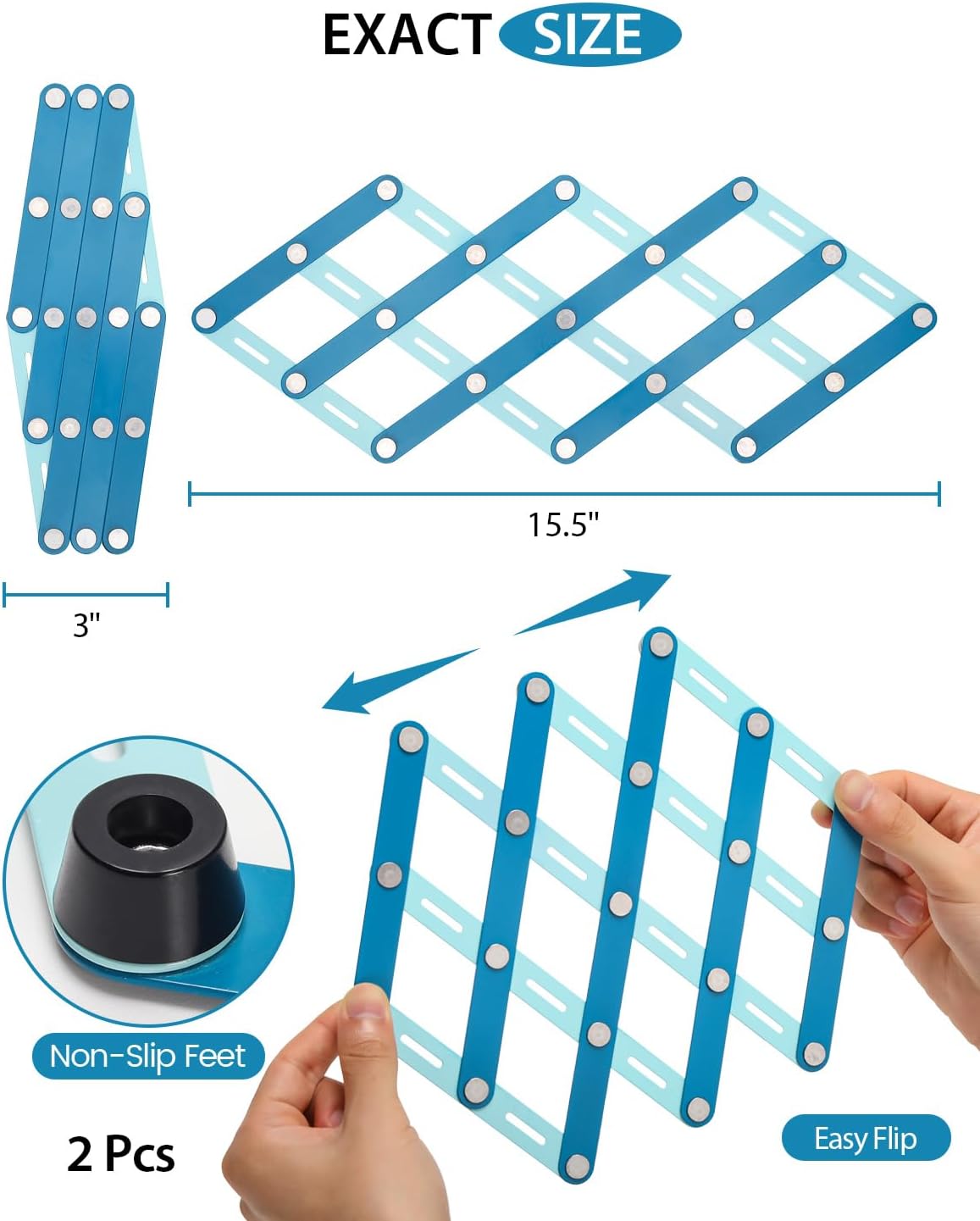 2 Pcs Stainless Steel Trivets for Hot Dishes, Two-Tone Blue Trivet Set, Large Hot Pads for Countertops&Table, Stretchable Design,Multi-Use, Heat Resistant Mat, Kitchen Pad for Pan, Pot, Plate,Teapot