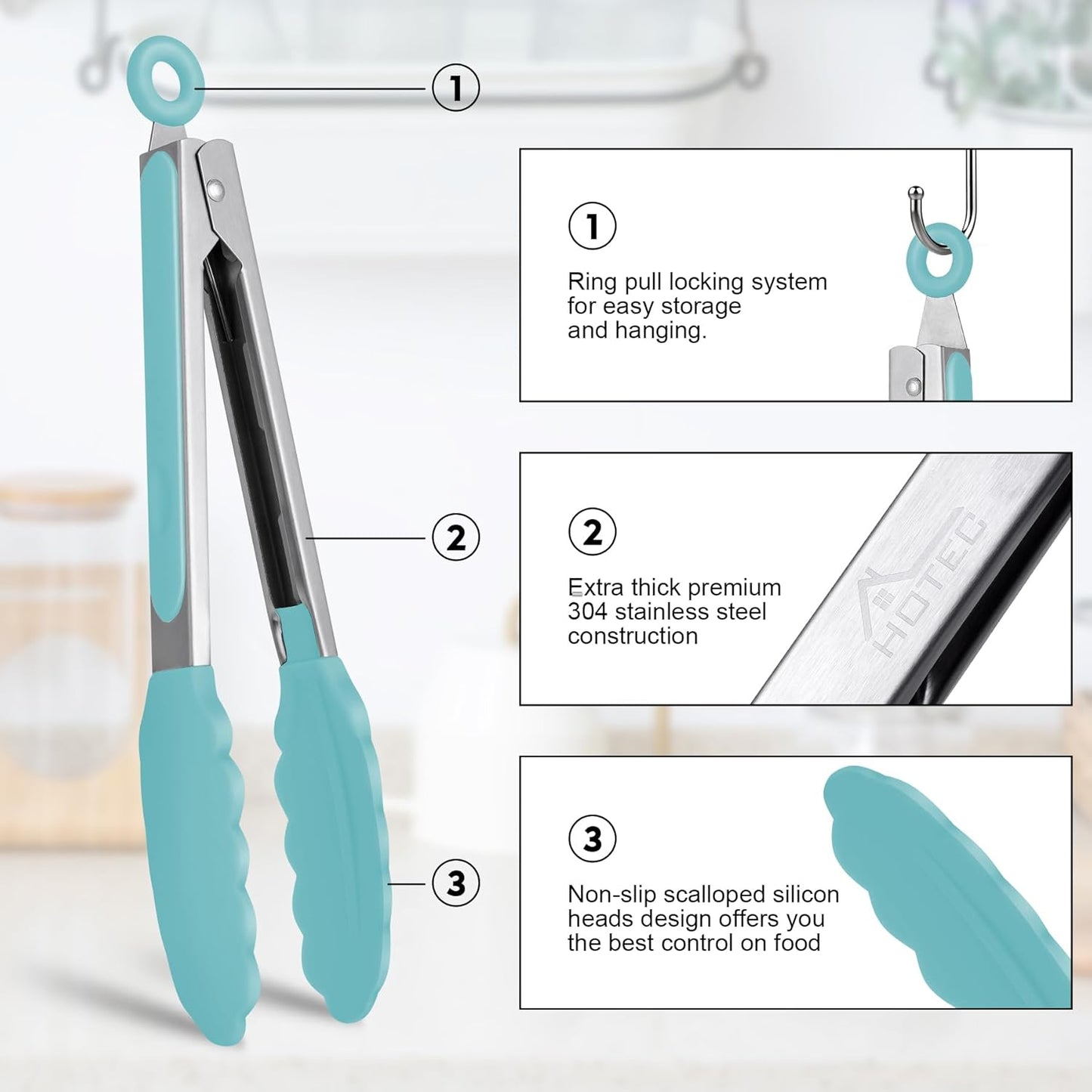 HOTEC Premium Stainless Steel Locking Kitchen Tongs with Silicon Tips, Set of 3-7", 9" and 12" (Gradient Blue)