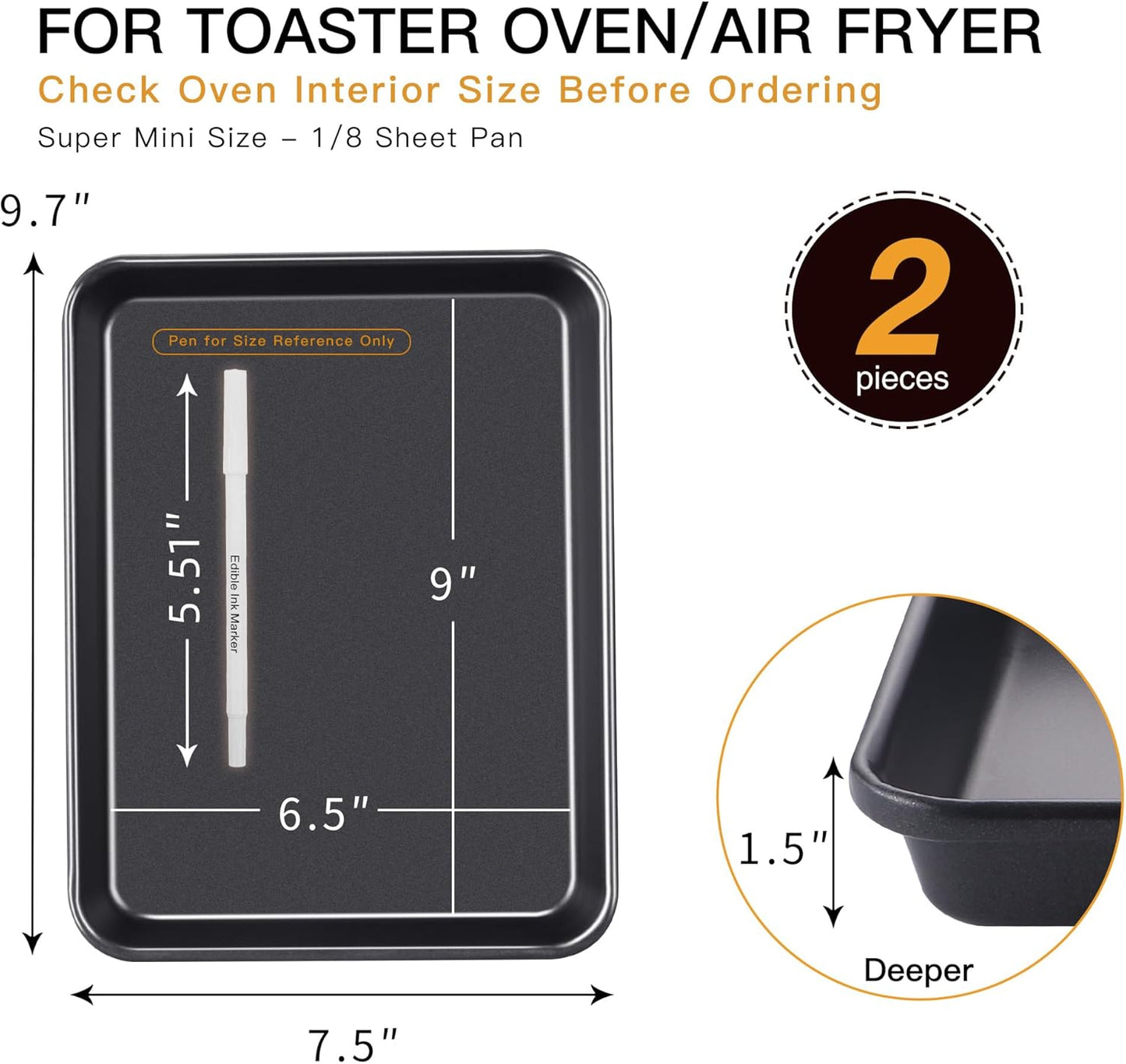 HONGBAKE 2 Pack 9.7X7.5" Toaster Oven Pans for Baking, 57% Thicker Nonstick 1/8 Cookie Sheet Pan Set, Small Baking Tray, Dishwasher Safe and Heavy Duty, Black