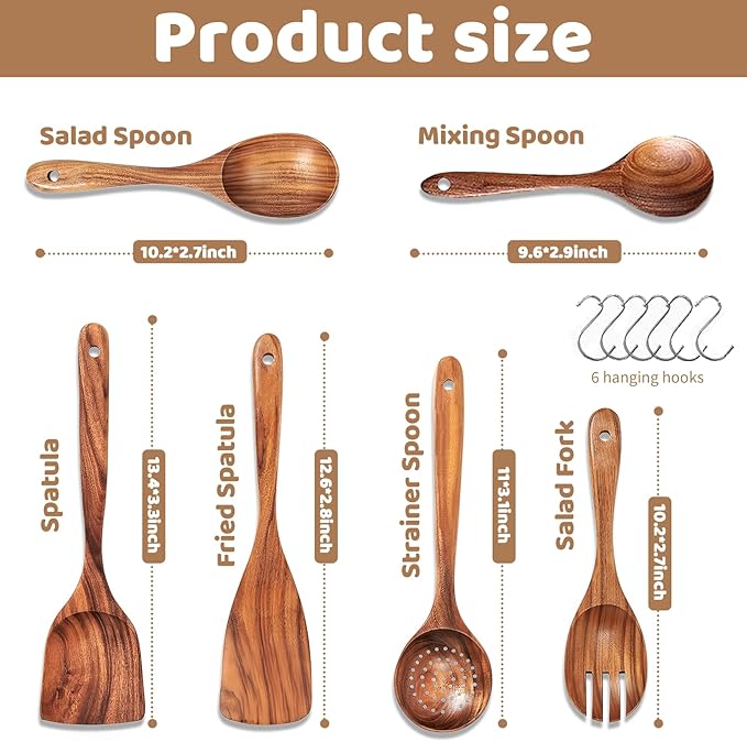 6 PCs Teak Wooden Utensil Set with Hooks, Wooden Spoons for Cooking, Wood Cooking Utensils Set, Comfort Grip, Non Stick Cookware, Easy to Clean, Kitchen Stuff, Wood Spatula