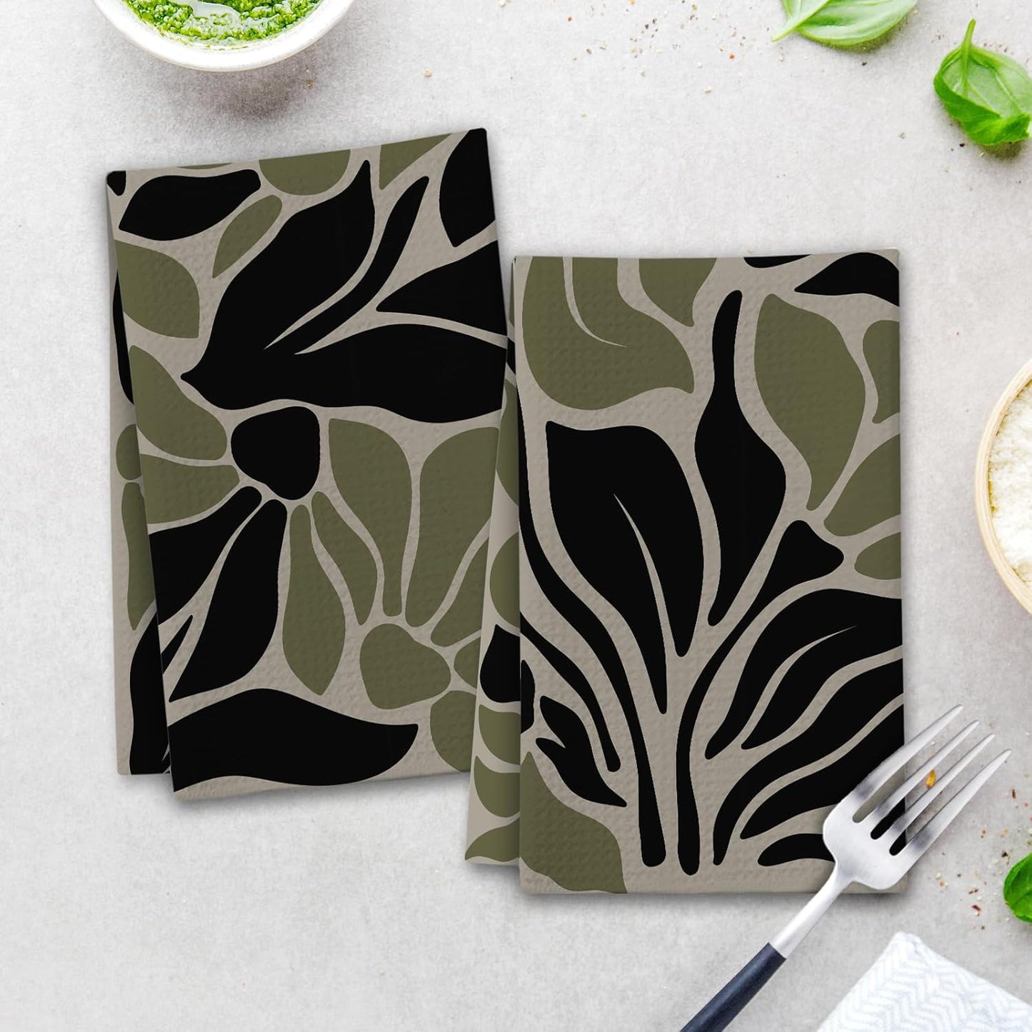Sage Green Kitchen Towels, Abstract Boho Floral House Hand Towel Set of 2, Retro Gifts for Home Bathroom Holiday Decor - A02