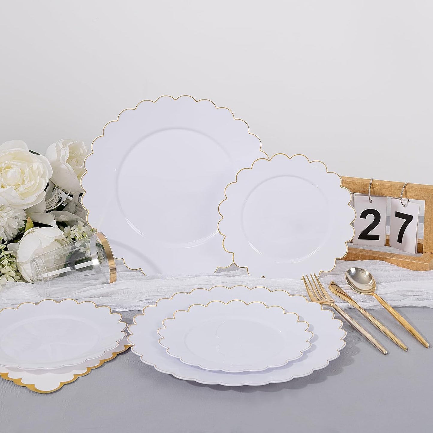 WONDERFUL 351pcs Upgrade White Plastic Plates - Plastic Dinnerware set with Fancy Gold Edges Includes 1 Table Runner 100 Disposable Plates 150 Silverware 50 Cups 50 Napkins for Wedding High End Party
