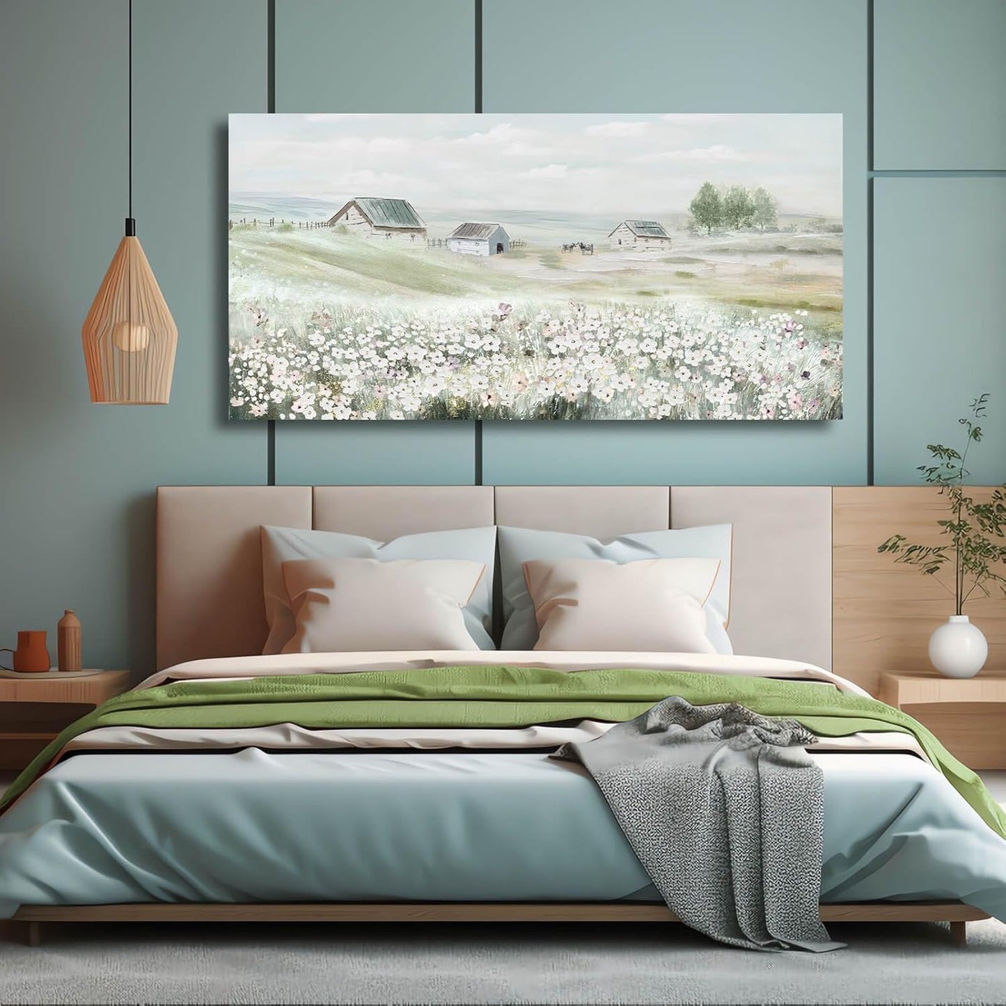 VAYIMDH Farmhouse Wall Art White Flowers Painting Rustic Scenery Green Pictures Wall Decor 24"x 48" Meadow Prints for Living Room Dining Room Bedroom Aesthetic