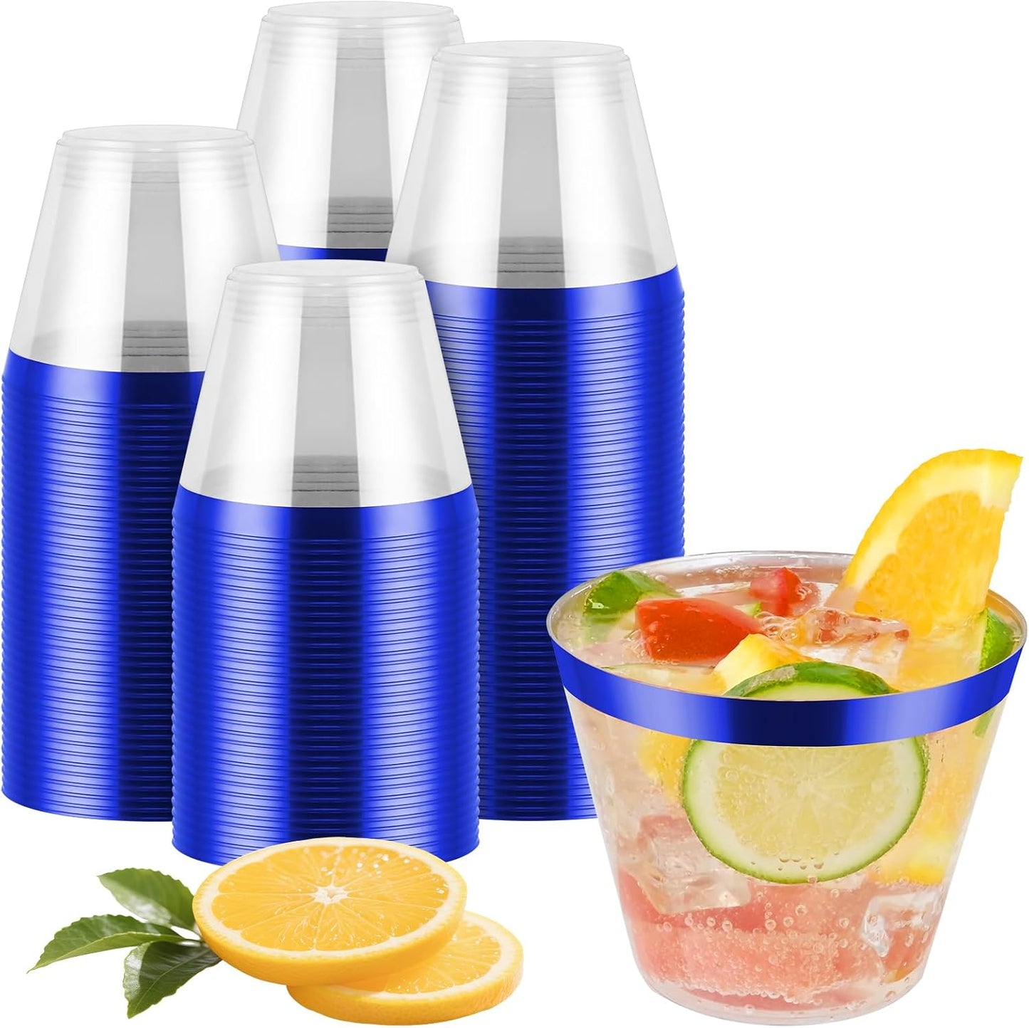 100pcs Blue and Clear Plastic Cups, 9oz Plastic Cups Blue Rimmed Disposable Cocktail Glasses Fancy Disposable Cup Drinking Tumblers Shot Cup for Wedding Party