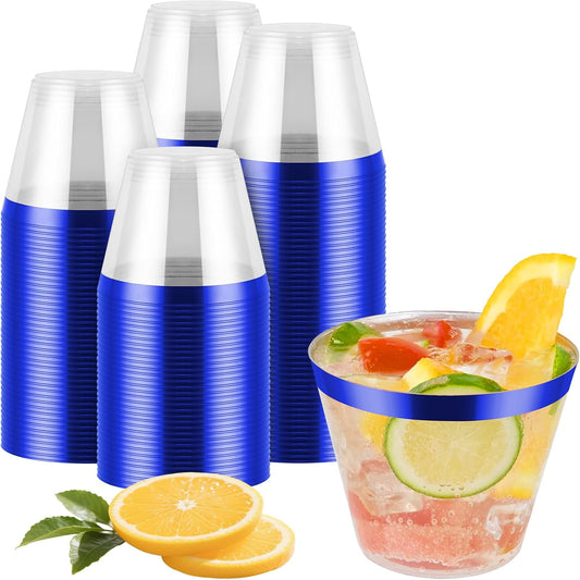 100pcs Blue and Clear Plastic Cups, 9oz Plastic Cups Blue Rimmed Disposable Cocktail Glasses Fancy Disposable Cup Drinking Tumblers Shot Cup for Wedding Party