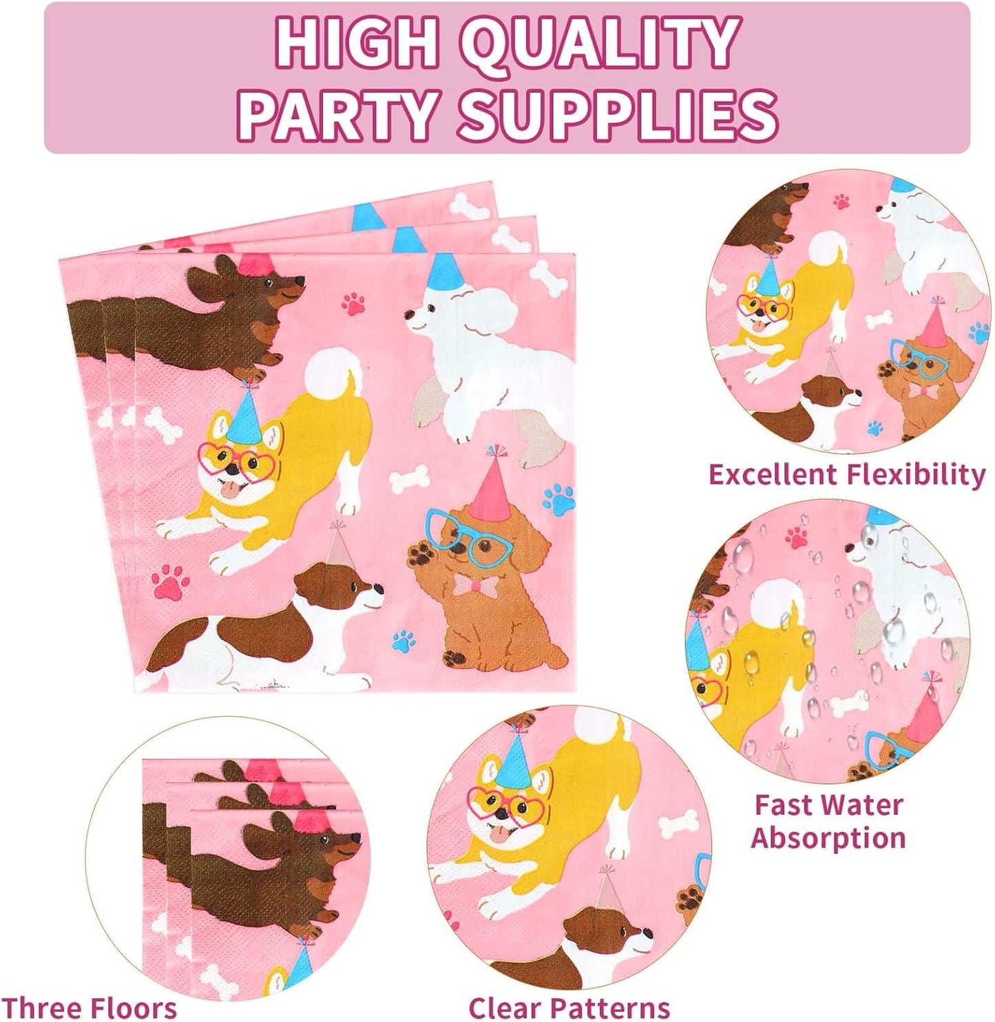 Grencian 96 Pcs Dog Birthday Party Supplies Puppy Tableware Set Disposable Dog Paper Plates Napkins Forks Pink Dogs Themed Party Decorations for Lets Pawty Puppy Birthday Decorations Serves 24